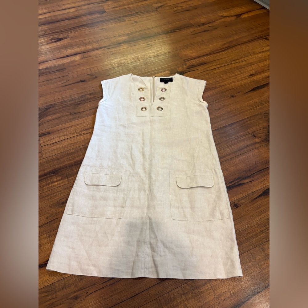 J. Crew Metallic 100% Linen Cream Shift Dress with Grommets Women's Sz 4